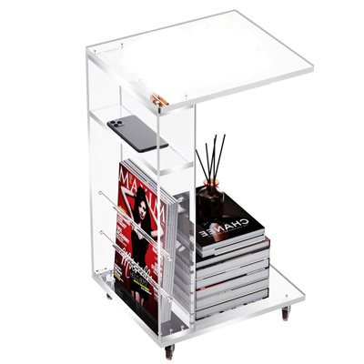 Kabron Acrylic Side Table on Lockable Wheels, Sofa Table With Storage, Suitable For Living Room, Bedroom