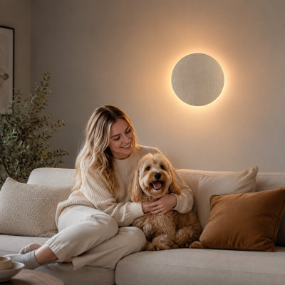 Contemporary Round LED Wall Lamp, 3-Level Dimmable USB Rechargeable Night Light with Adjustable Ambient Lighting, Linen-Texture Finish for Bedroom and Hallway