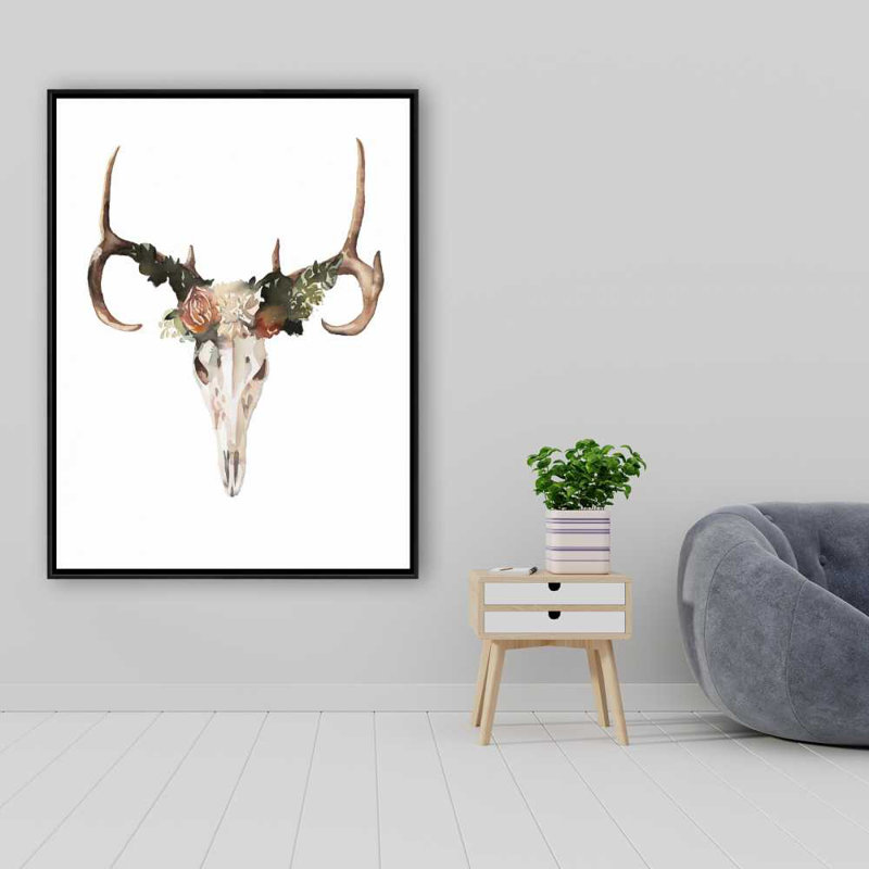 Crâne de cerf avec roses - Toile encadrée beige