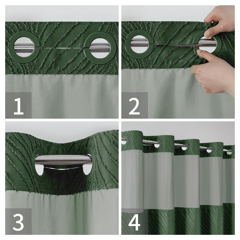 Stall no Hook Tufted Shower Curtain with snap in Liner Set, Dark Green, 77"H x 71"W