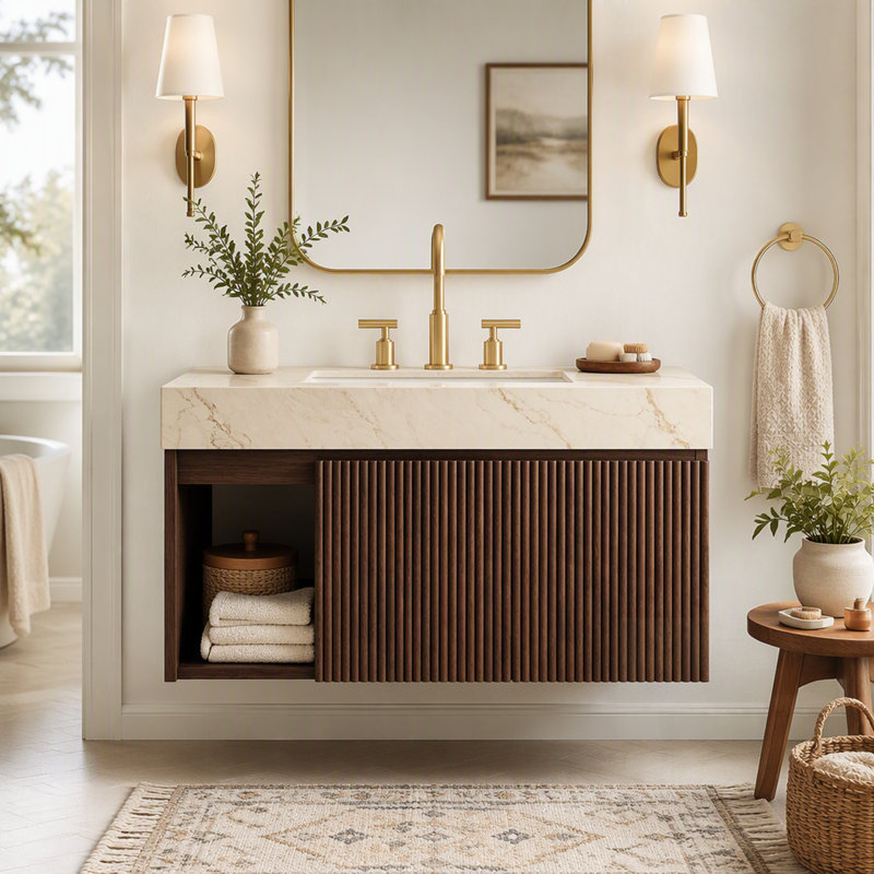 Meuble-lavabo avec lavabo, armoire de rangement suspendue, comptoir en pierre frittée veinée, lavabo en céramique, 3 trous pré-percés pour robinetterie