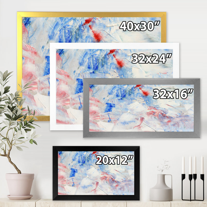 Composition abstraite bleue - peinture sur toile, H 16 po x l 32 po x p 1 po, Encadrement argenté