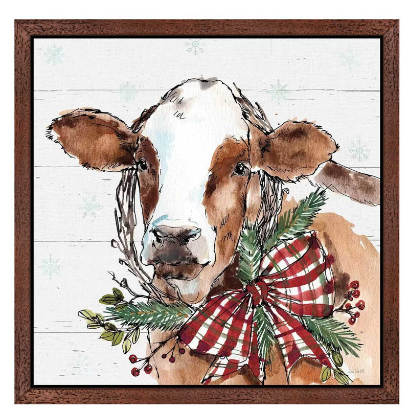 Christmas Cow by Anne Tavoletti - Painting on Canvas, 93.98 cm H x 93.98 cm W, Brown Floater Framed