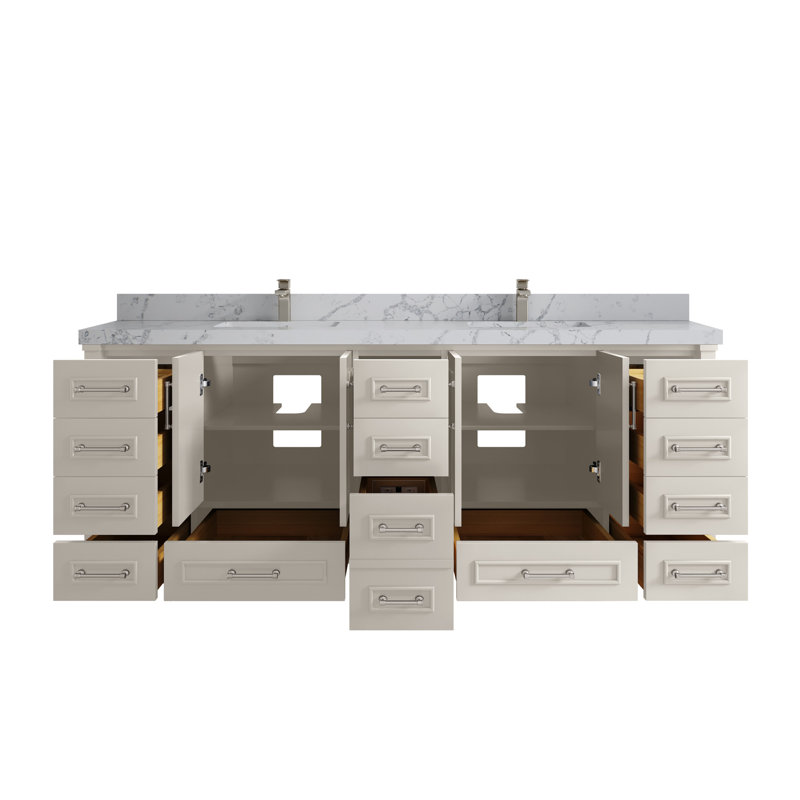 Aberdeen 84'' Double Bathroom Vanity with Quartz Top, Venatino, Fine Grain