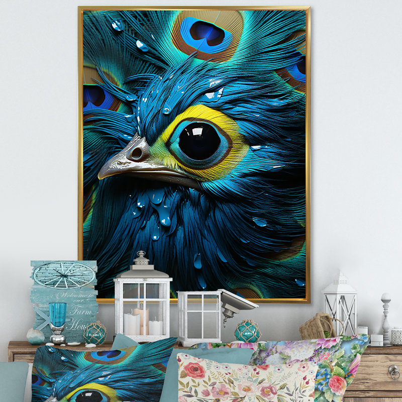 «Peacocks Royal Plumage I», reproduction sur toile, Cadre flottant doré, H 32 po x l 16 po x P 1 po