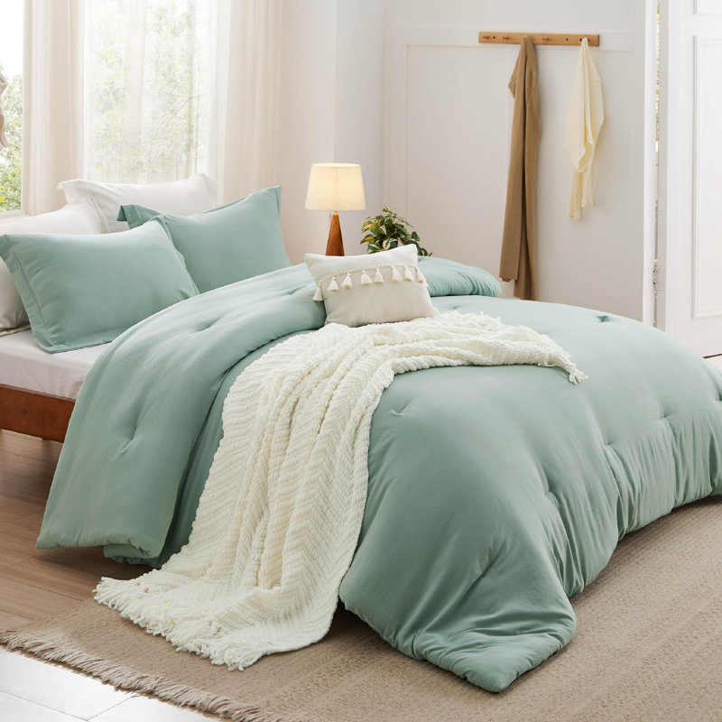 Lits dans un sac, ensemble de lit avec édredon, taies décoratives, coussin décoratif, couverture en chenille, Vert sauge