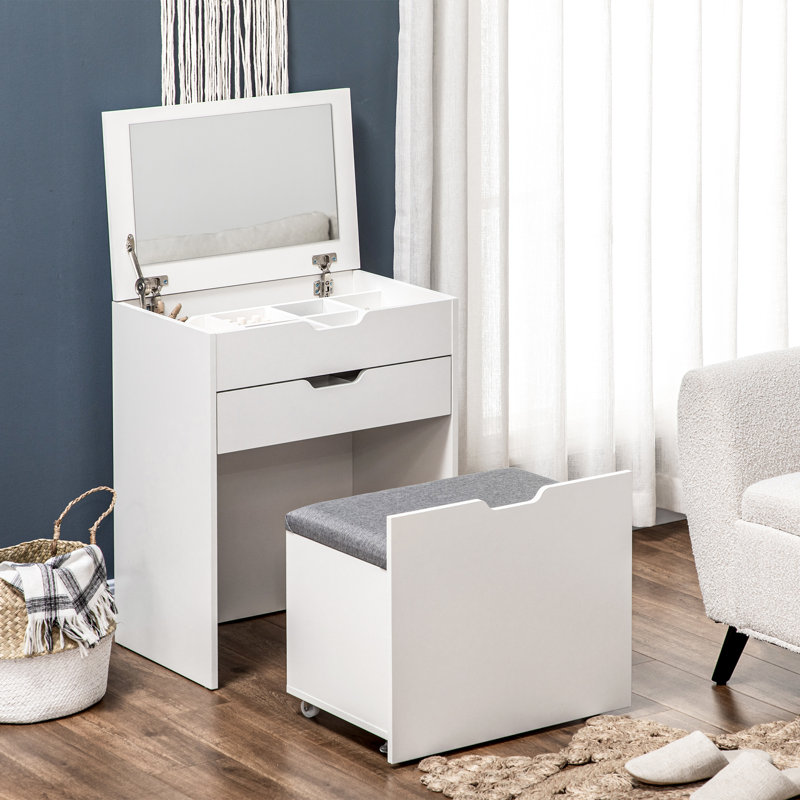 Vasta Dressing Table with Flip-up Mirror, Vanity Table with Drawer, White