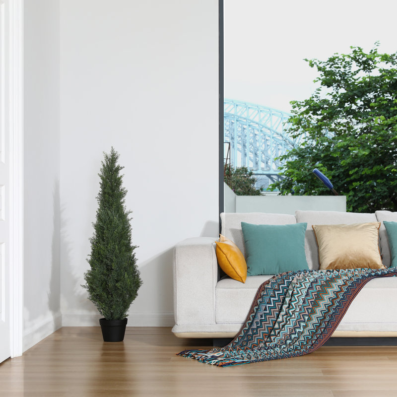 Adcock 4ft Faux Cedar in Pot, Set of 2 Fake UV Rated Potted Tree, Faux Green Plant, Fake Tree for Home Décor, 2
