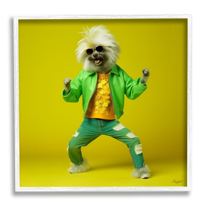 Az-163-encadré chien dansant vert par Roozbeh, Giclée encadrée blanc bord de mer, H 24 po x l 24 po x P 1,5 po
