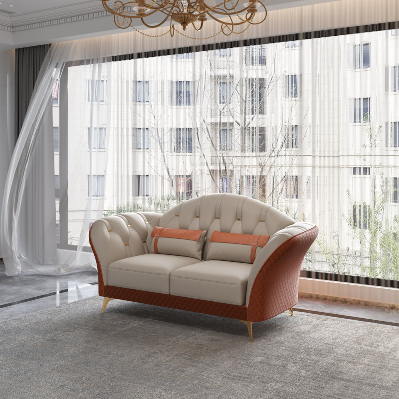 Amalia Loveseat, White/Orange Genuine Leather