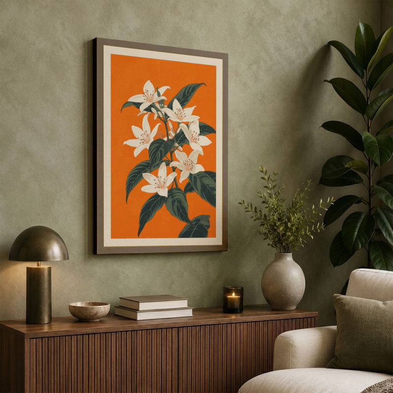 White Flowers Study Botanical - Wrapped Canvas, 30x20 - 76.2 x 50.8 cm, Terracotta Border