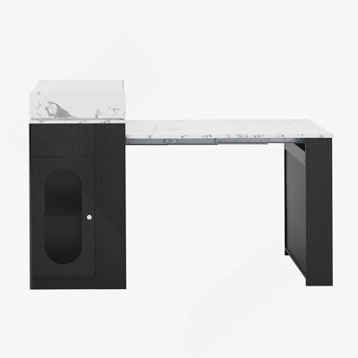 Extendable Dining Table With Folding Tabletop, Bar Table With Drawers And Power Outlet, Kitchen Island With Wheels And Hooks, Sideboard For Kitchen And Dining Room (Black+Marble White)