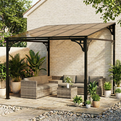 Outsunny 3 x 2.87 m Metal Lean-to Pergola Wall-Mounted Garden Pergola Brown