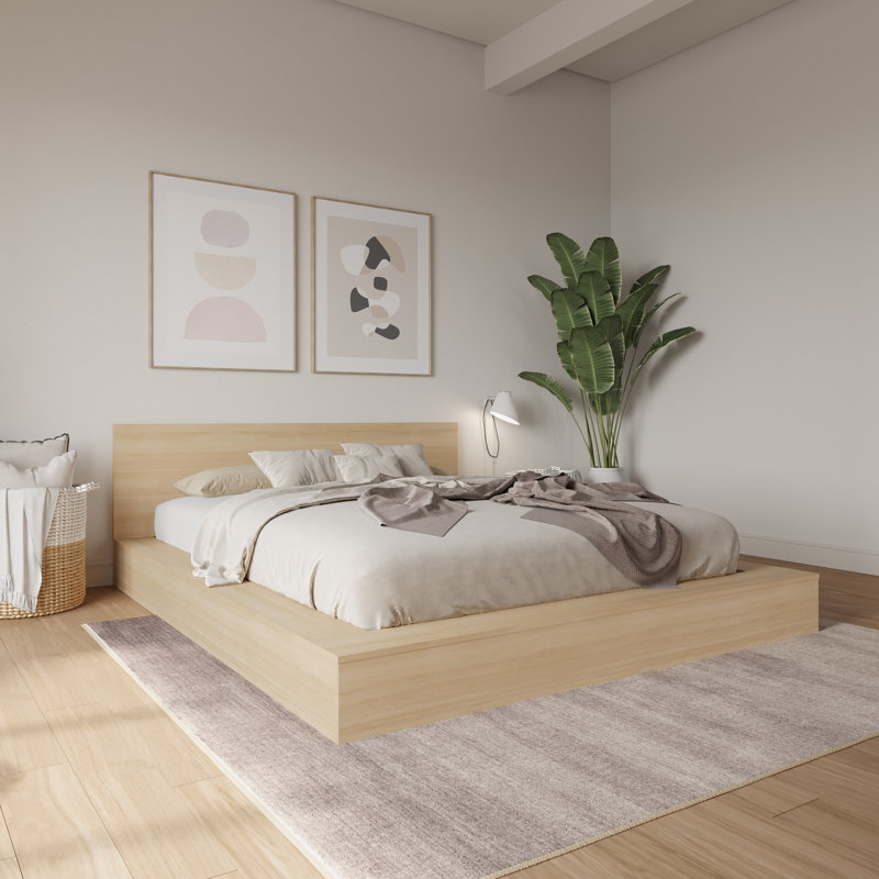 Ensemble de lit plateforme bas Makoa, Beige, Grand lit