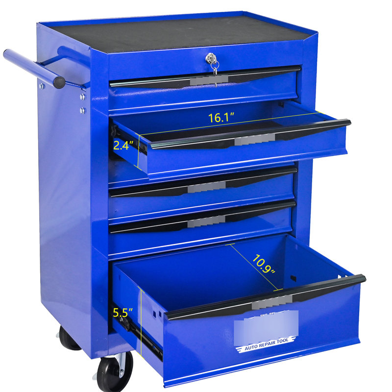 Armoire 6 coffres à outils, acier noir et bleu de 20 po, glissières de tiroir à roulement, 4 roues, verrouillable, chariot d'atelier à poignée à tirer, matériau en acier, + bleu, tiroirs, conception verrouillable
