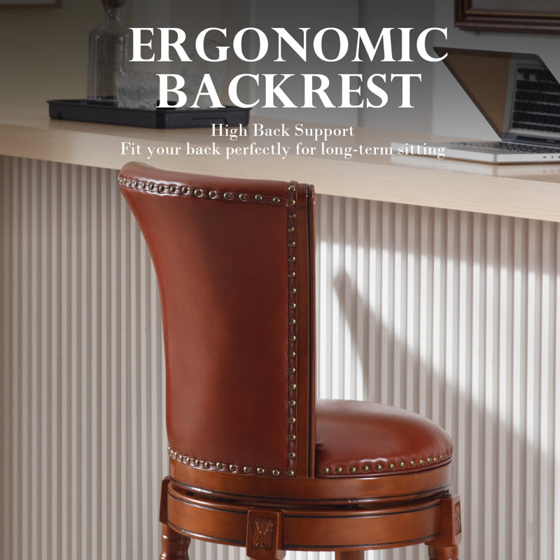High Back Swivel Bar Stools with Full-Grain Genuine Leather Upholstered Seat & Solid Wood Footrest, Counter Bar Stool for Kitchen Island & Pub