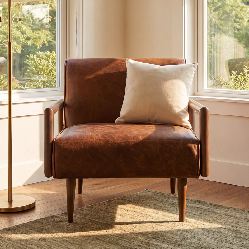 Elmire Upholstered Armchair, Chocolate Brown Genuine Leather
