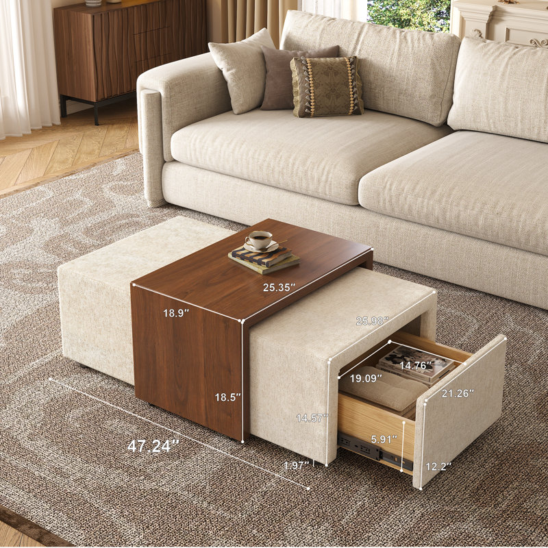 Table basse avec plateau coulissant en bois et tiroir de rangement