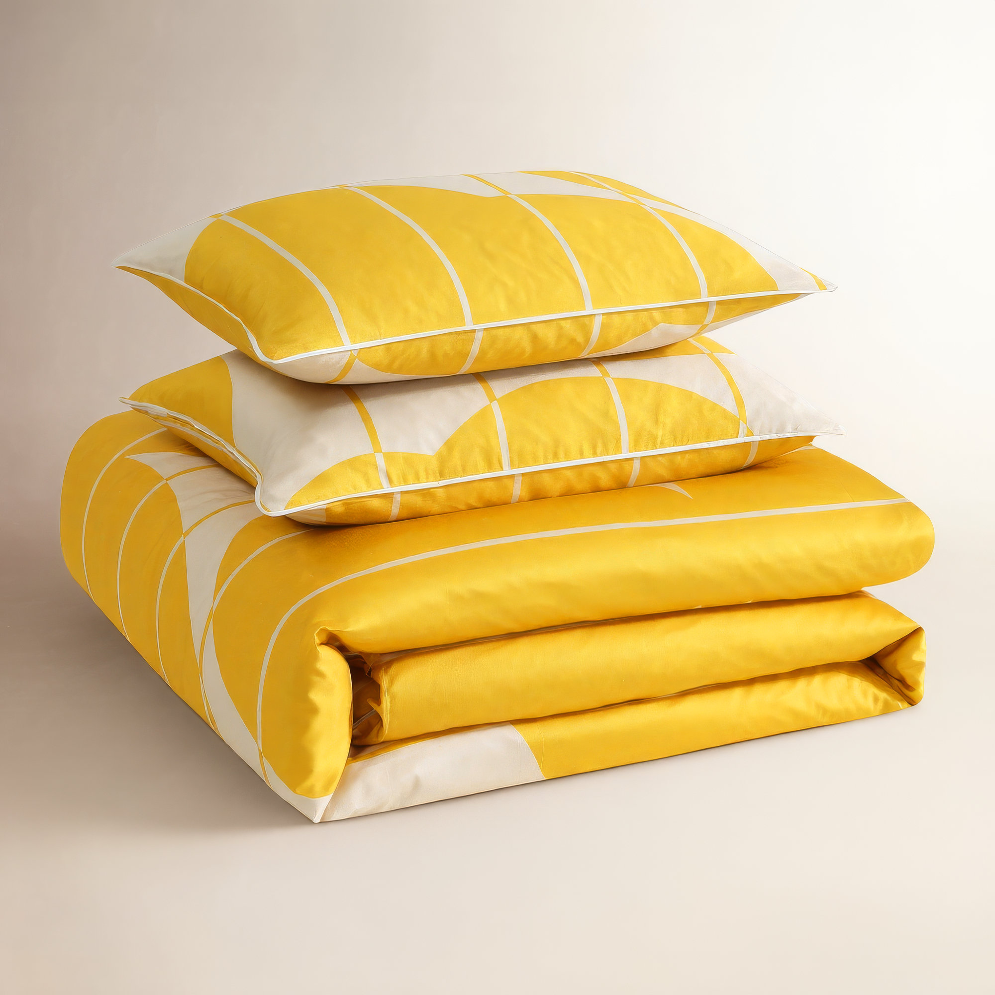 Marimekko Vesi Unikko Cotton Yellow/Beige Duvet Cover Set, Queen Duvet Cover + 2 Standard Shams