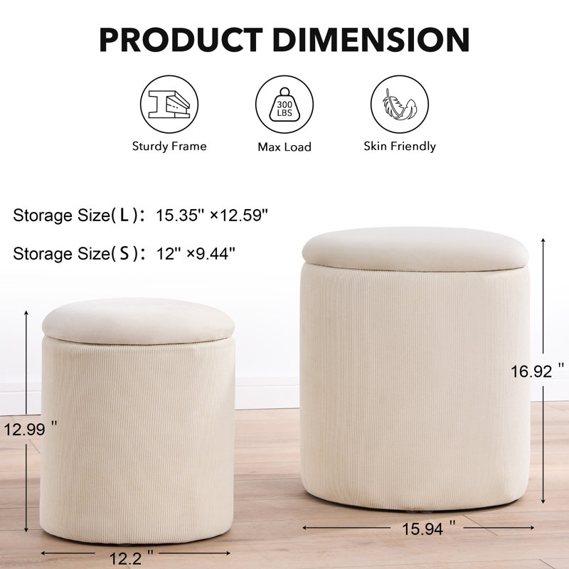 Round Ottoman With Storage Set Of 2, Beige Velvet
