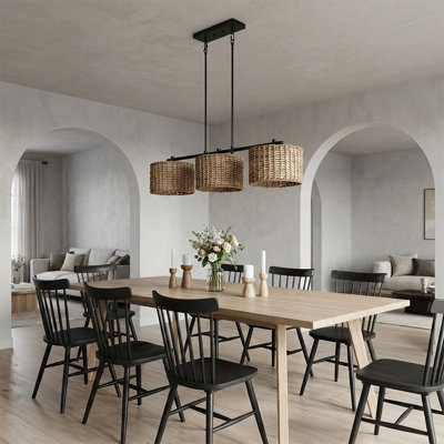 3-lamp matte black rattan woven dimmable pendant light