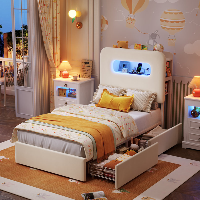 Ensemble de chambre à coucher lumineuse 3 pièces - Lit de rangement à DEL et commodes à DEL avec station de charge, Blanc