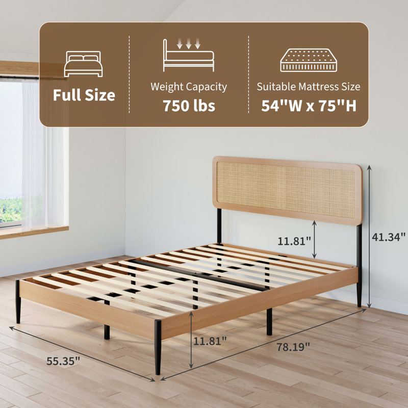 Structure de lit avec tête de lit, structure de lit plateforme en rotin pleine grandeur, lit Boho avec tête de lit tissée naturelle, support robuste en lattes de bois et de métal, aucun sommier requis, rangement sous le lit de 10,4 po.