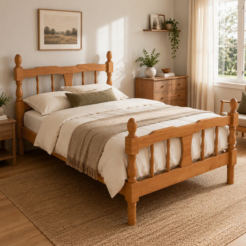 Lit plateforme en bois avec tête et pied de lit à fuseaux, Twin, Walnut