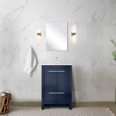 Meuble-lavabo bleu marine 24 po x 20 po avec comptoir en marbre, robinet or rose, miroir 18 po, surface de teinture pour une utilisation durable, l 24 po x P 20 po, 18 éraflures et résistance à long terme