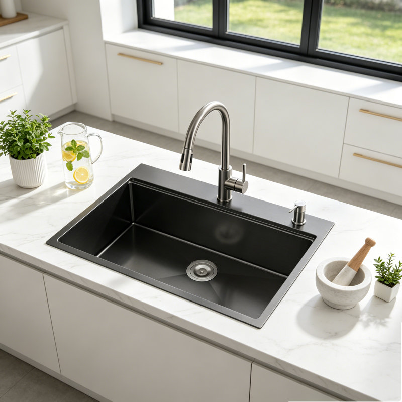 Évier de cuisine à cuve simple encastrable en acier inoxydable, 33*22, Satin Black