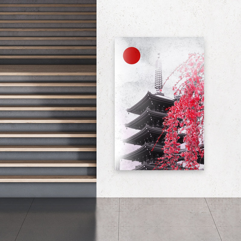 Japanese Pagoda Cherry Blossoms Contemporary Wall Art Print 1 Piece Wrapped Canvas Wall Art, 152.4cm H x 101.6cm W