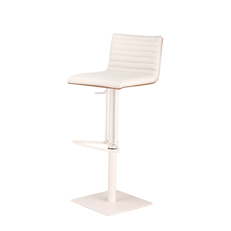Acarlar Adjustable Height Swivel Faux Leather and Walnut Wood Bar Stool with Metal Base, White, Stainless Steel