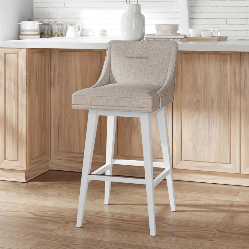 Tabouret pivotant à hauteur réglable en bois et rembourré Dorreen, Gruau, Blanc pur