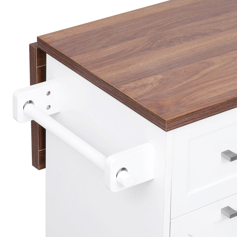 47.2-Inch Kitchen Cart With Drop Leaf, 9 Universal Wheels, And Towel Rack - Style, Adjustable Shelf, Removable Side Shelf White Island Two Drawers, 3 Pot Organizer Trash Can Storage