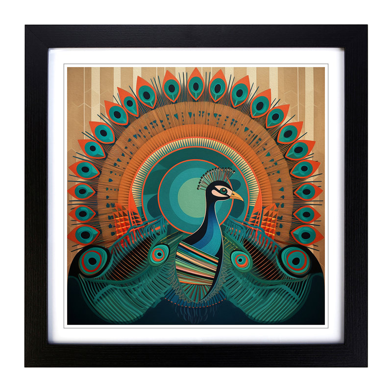 Peacock Constructivism No.3 - Single Picture Frame Print on Wood, Black