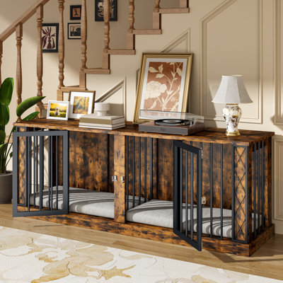 Large Dog Crate Furniture For Double Dogs, Heavy Duty Dog Cage Indoor For Small/medium/large Dogs, Dog Kennel Furniture As Tv Stand, Up To 86.6" L Brown