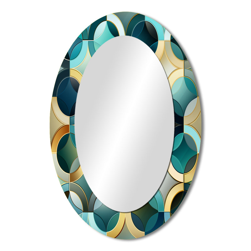 Teal And Golden Modern Geometric Tiles - Gold Oval Wall Mirror Decor, 36" H x 24" W
