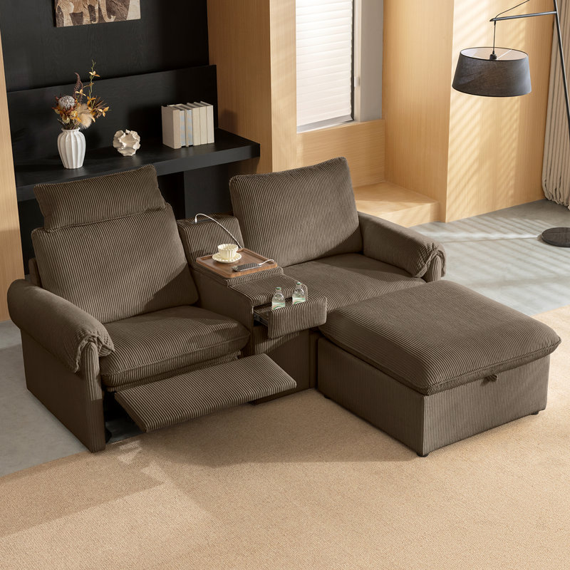 Canapé modulaire inclinable avec console et repose-pieds avec rangement, canapé modulaire en velours côtelé avec charge USB, porte-gobelets et inclinaison électrique, brun