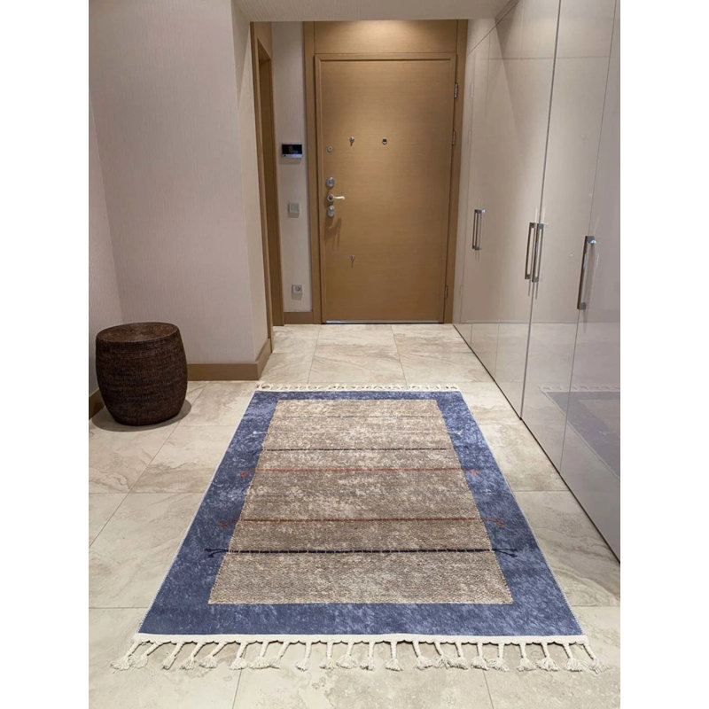 Coton à imprimé géométrique bleu Toscana Tapis chenille antidérapant, Carré 2 pi 7 po