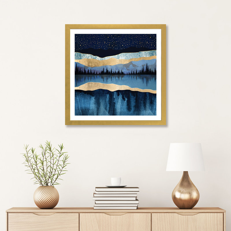 Lac de minuit - imprimé, H 24 po x l 24 po x p 1 po, Encadré en papier doré
