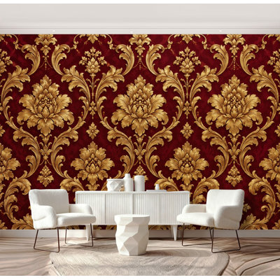 Peel and Stick Wallpaper Luxury Gold Damask Deep Red Ornate Baroque Floral Wall Murals 69"H x 96"W Removable PVC Wall Paper Self-Adhesive Wall Decor for Bedroom Living Room Home Office