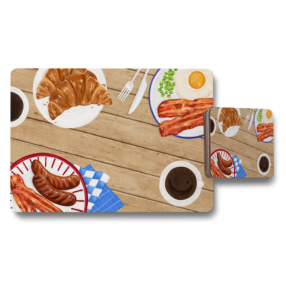 Breakfast Placemats And Coaster Set With Croissants Bacon Eggs Coffee