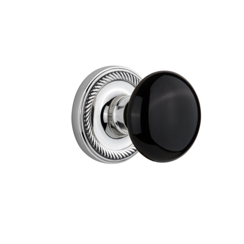 Rosette corde avec bouton de porte en porcelaine noire, 2 3/4 po, Chrome brillant