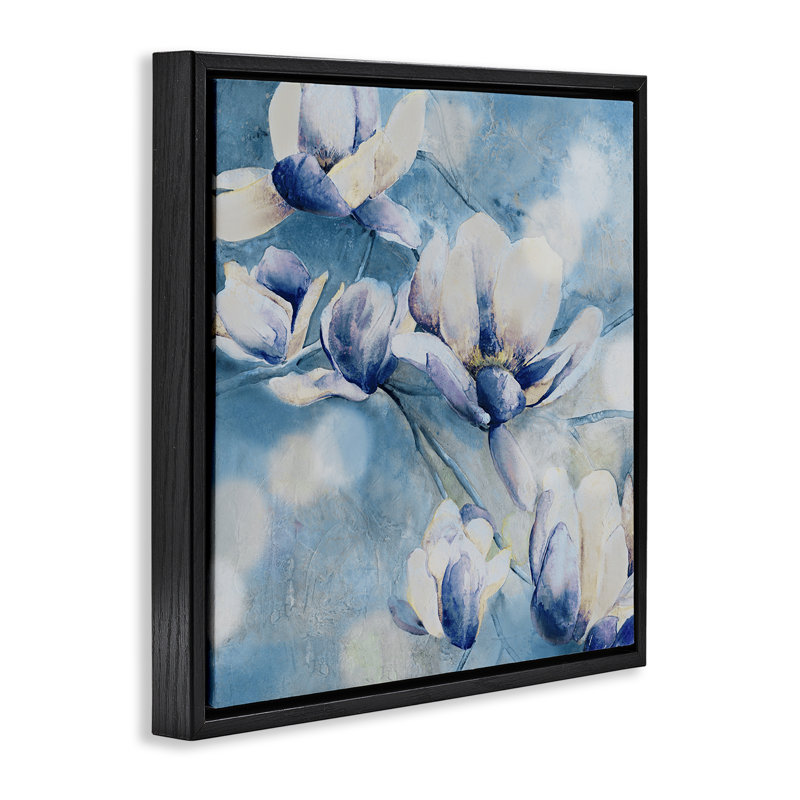Fleurs bleues et cadre flottant Bokeh, design par Carol Robinson, H 18 po x l 18 po, Cadre flottant noir de jais