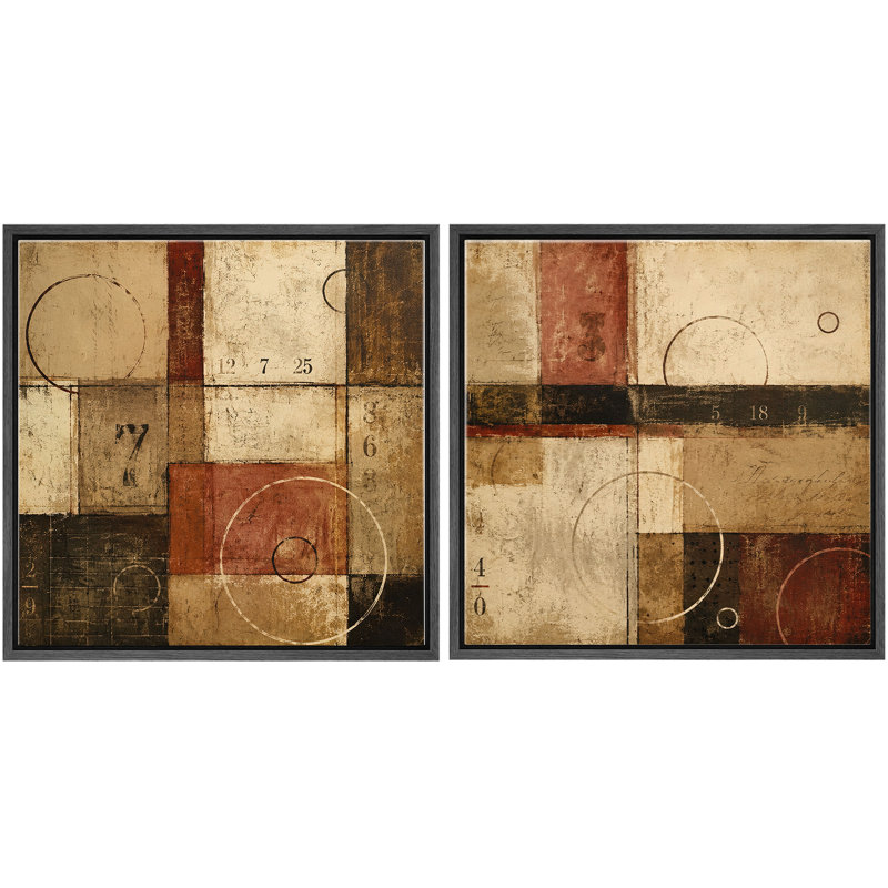 Ensemble de 2 reproductions abstraites géométriques rétro avec décorations beiges bourgogne et or encadrées sur toile