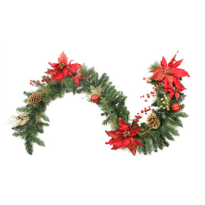 Guirlande de Noël artificielle pré-décorée 6 'Poinsettia rouge et pomme de pin doré