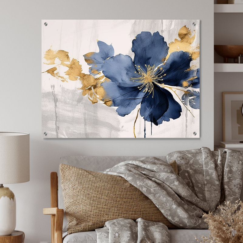 Hibiscus bleu et blanc, fleurs d'harmonie tropicale I - art mural acrylique en verre floral, H 12 po x l 20 po
