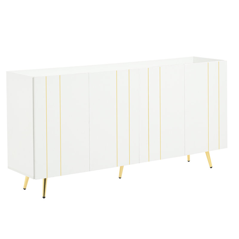 Luxurious Shoe Cabinet With 5 Metal Legs, Modern TV Stand With 4 Adjustable Shelves For Tvs Up To 70", Minimalist Sideboard Cabinet With Gold Lines Doors For Living Room, 62.9" X 31.4", White