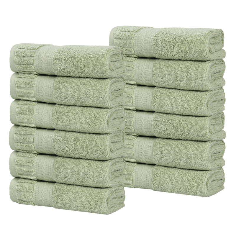 Venice Zero Twist Cotton Medium Weight Soft Absorbent Towel Set, Green, Washcloths - 12 Pack