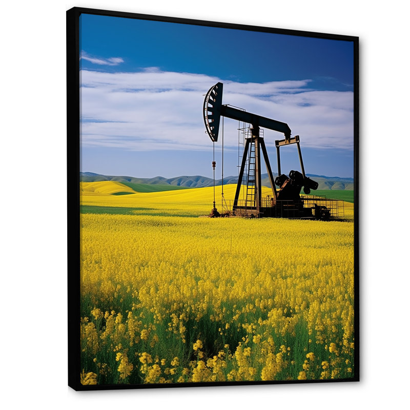 Foreuse à pétrole verte et jaune, Cadre flottant noir, H 32 po x l 24 po x P 1 po
